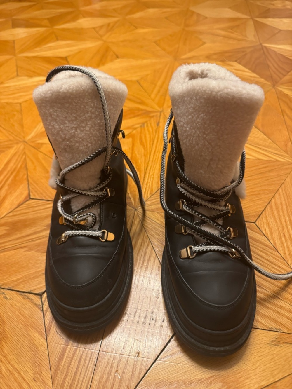 Chanel Black and Shearling-Trim Lace-Up Winter Snow Boots - Picture 11 of 16
